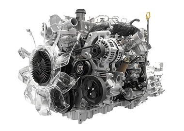 A V6 engine viewed from a side angle on a white background.