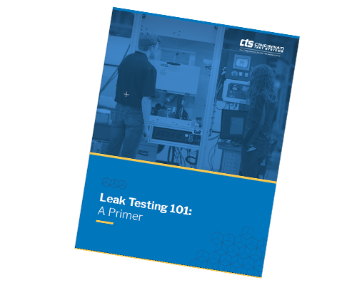 Front cover of CTS Leak Test 101 Guide showing man and woman in front of a leak test station. 