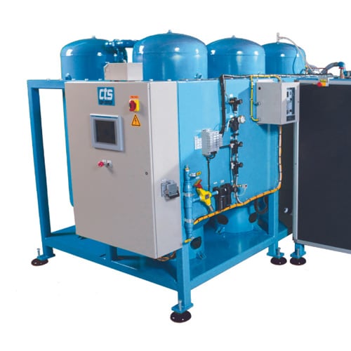Image of a hard vacuum helium reclaim station showing HMI, storage tanks, compressor.