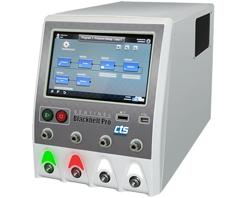 Angled front view of a Sentinel Blackbelt Pro benchtop instrument with information on screen and four ports along the bottom, the first one green, the second red.