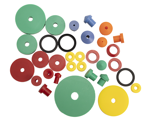 Image shows range of cut and molded seals in various sizes, shapes and colors.