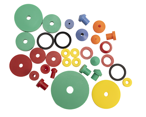  Image shows range of cut and molded seals in various sizes, shapes and colors.