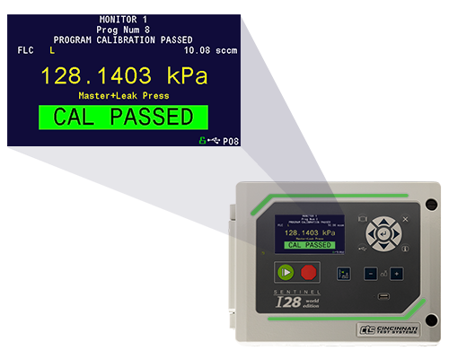 The product image displays the CTS Sentinel I28 leak tester, with an enlarged screenshot of the user interface that displays Master Part Pressure, Master+Leak Pressure, Master Part Flow, Master+Leak Flow, Leak Flow, and Correlated Leak Standard Flow.