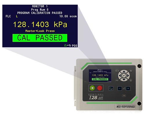 The product image displays the CTS Sentinel I28 leak tester, with an enlarged screenshot of the user interface that displays Master Part Pressure, Master+Leak Pressure, Master Part Flow, Master+Leak Flow, Leak Flow, and Correlated Leak Standard Flow.