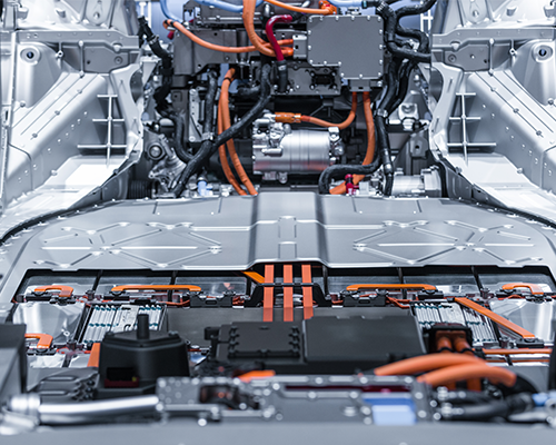 Close-up view of an lithium battery pack and power connections for an electric car. 