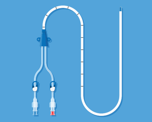 Computer rendering of a catheter with two lumens on blue background