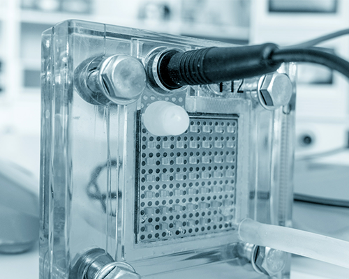 Image shows a close-up of a PEM fuel cell for use in hydrogen fuel cell. 