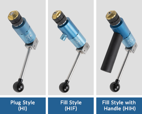 Images of CTS inside diameter hand seals side by side in grey boxes with blue box captions below: plug style, fill style and fill style with handle. 