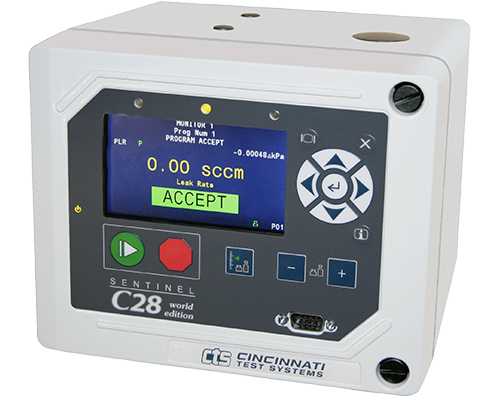 Image shows front of a Sentinel C28 World Edition instrument with the screen showing a green Accept for a passed test.