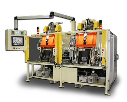 Image shows a dual station hard vacuum helium leak test system with HMI.