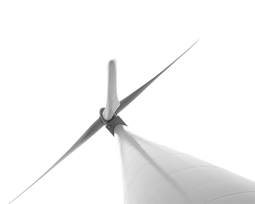 Three rotating blades on a modern windmill viewed from below.