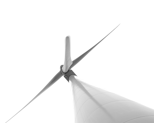 Three rotating blades on a modern windmill viewed from below.